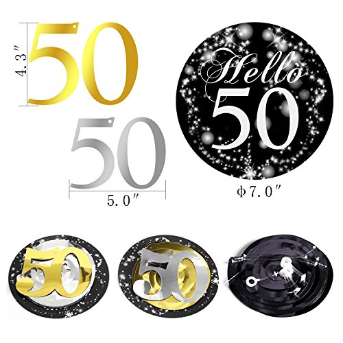 Konsait 50 cumpleaños Negro Colgar Remolino decoración de Techo (15 Cuentas), Feliz cumpleaños & 50 Mesa Confeti (1.05 oz) para Decoraciones de 50 cumpleaños Mujer Hombre