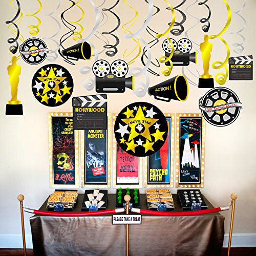 Konsait Colgante Decoraciones de Hollywood Fiesta película Remolino serpentinas Adornos de espirales decoración para Hollywood Oscars película Fiesta Cumpleaños, Negro y Oro Plata(18 Piezas)