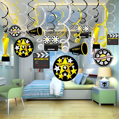 Konsait Colgante Decoraciones de Hollywood Fiesta película Remolino serpentinas Adornos de espirales decoración para Hollywood Oscars película Fiesta Cumpleaños, Negro y Oro Plata(18 Piezas)