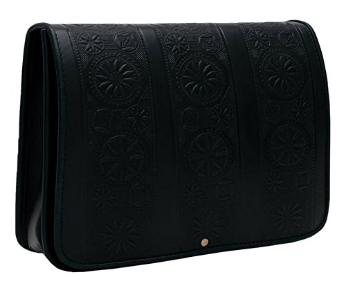 Koson piel – negro columnas – Motivos tradicionales piel bolsa con moldeado patrones