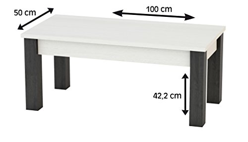 KR Decor MZ333 Mesa de Centro Rectangular, Roble, Blanco Artic/Negro Madera, 100x50x42.2 cm