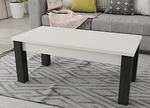 KR Decor MZ333 Mesa de Centro Rectangular, Roble, Blanco Artic/Negro Madera, 100x50x42.2 cm