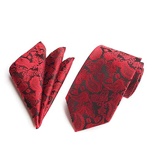 KRUIHAN 4Pcs Juego de Corbatas Hombre - Bordado Floral Corbata Pañuelo Clásica con Gemelos Tiepin Accesorios Fiesta Boda para Papá, Esposo, Novio Vino Rojo