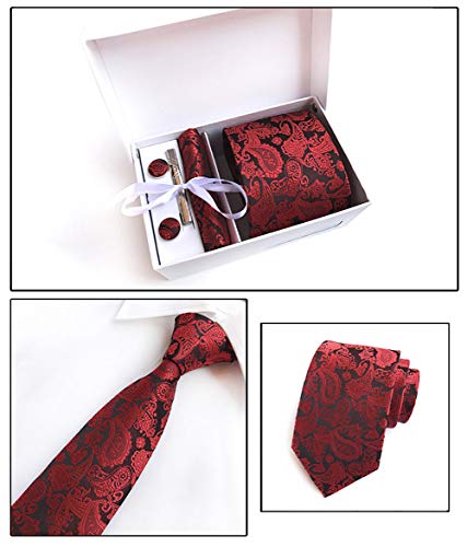 KRUIHAN 4Pcs Juego de Corbatas Hombre - Bordado Floral Corbata Pañuelo Clásica con Gemelos Tiepin Accesorios Fiesta Boda para Papá, Esposo, Novio Vino Rojo