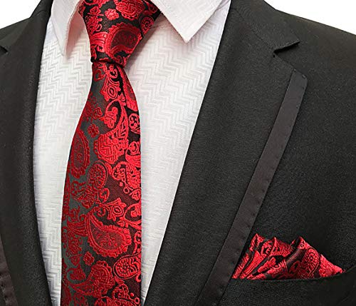 KRUIHAN 4Pcs Juego de Corbatas Hombre - Bordado Floral Corbata Pañuelo Clásica con Gemelos Tiepin Accesorios Fiesta Boda para Papá, Esposo, Novio Vino Rojo