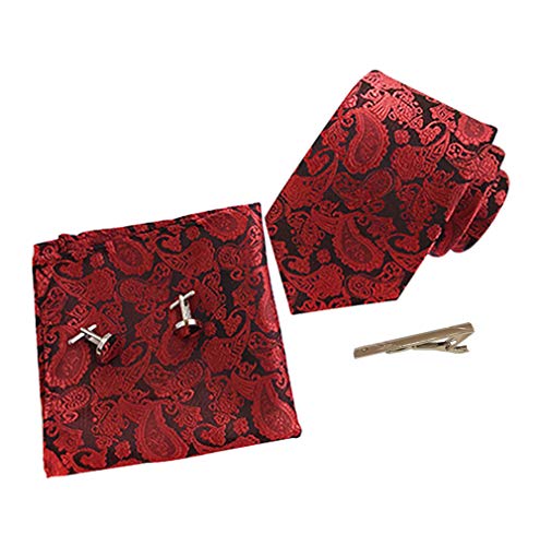 KRUIHAN 4Pcs Juego de Corbatas Hombre - Bordado Floral Corbata Pañuelo Clásica con Gemelos Tiepin Accesorios Fiesta Boda para Papá, Esposo, Novio Vino Rojo