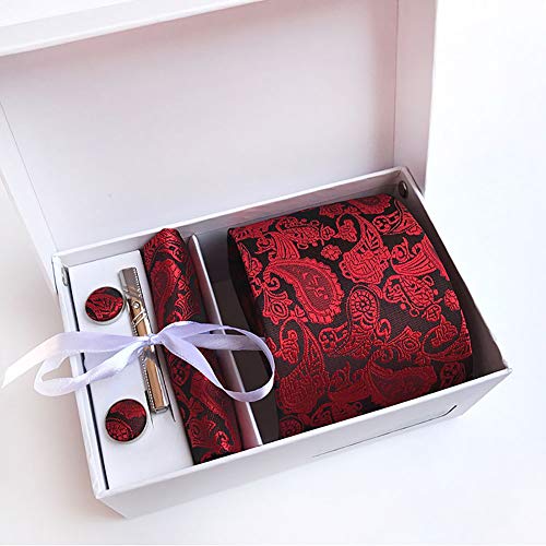 KRUIHAN 4Pcs Juego de Corbatas Hombre - Bordado Floral Corbata Pañuelo Clásica con Gemelos Tiepin Accesorios Fiesta Boda para Papá, Esposo, Novio Vino Rojo