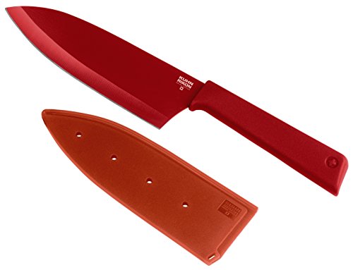 KUHN RIKON, Cuchillo Santoku de cocina antiadherente con funda de seguridad Colori +, 27.5 cm, Rojo