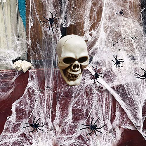 kungfu Mall 1PC Calavera de Halloween con 1pc White Spider Wed y 20pcs Arañas para Decoraciones de Fiesta de Halloween