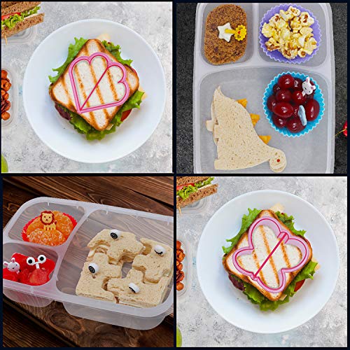 Kurtzy Cortador Sandwich (57 Piezas) - Molde Galletas para Fiambreras Infantil - Cortador Pan 4 pzas, Mini Moldes Frutas y Vegetales 8 pz, Pinchos 20 pz, Separadores de Silicona 15 pz con Pegatinas