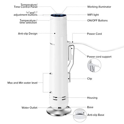 Kwasyo Sous Vide Aparato de Cocina Precisión 1000W Inmersión a Prueba de Agua IPX7, Circulador Control de Temperatura, Sous Vide Tools con Manual de Instrucciones y App con Recetario