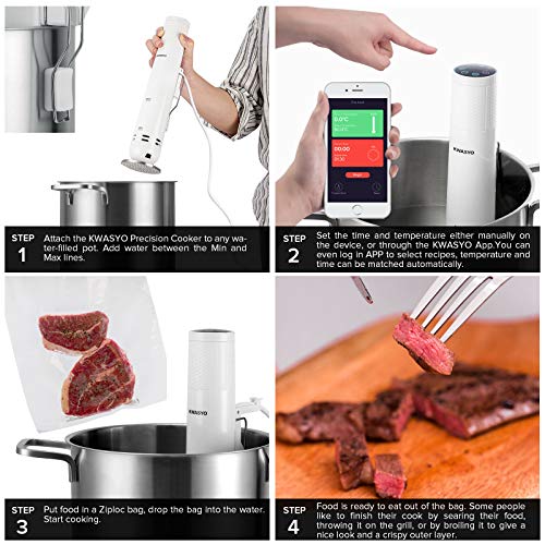 Kwasyo Sous Vide Aparato de Cocina Precisión 1000W Inmersión a Prueba de Agua IPX7, Circulador Control de Temperatura, Sous Vide Tools con Manual de Instrucciones y App con Recetario