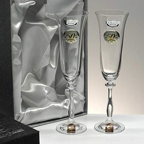 la galaica - Set de 2 Copas de Cristal de Champán Cava y Espumoso | Regalo para 50 y 25 Aniversario - Bodas de Oro y Plata | Incluye Aplique Bilaminado y Estuche de protección | Envío Rápido