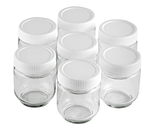 Lacor Vasos yogurtera 7 Unidades, Tarro Cristal Transparente con Tapa Blanca Rosca para Yogurt, Capacidad 190ml.LibreBPA