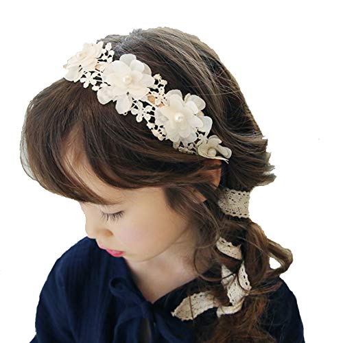 Laimew flor de encaje de boda diadema con cinta larga, vestido de princesa, accesorios para el cabello para niñas (Blanco)