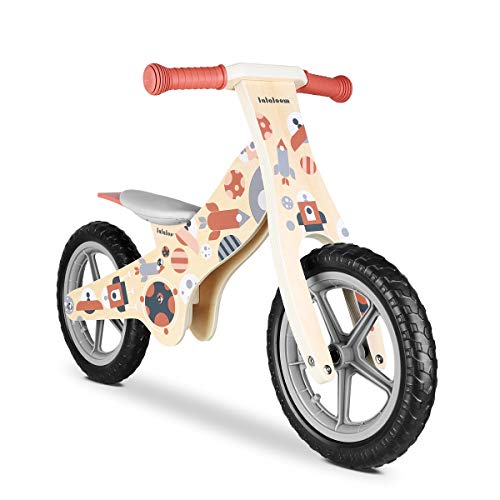 Lalaloom COSMO BIKE - Bicicleta sin pedales de madera para niños de 2 años (diseño espacio, andador para bebe, correpasillos para equilibrio, sillín regulable con ruedas de goma EVA), color Rojo