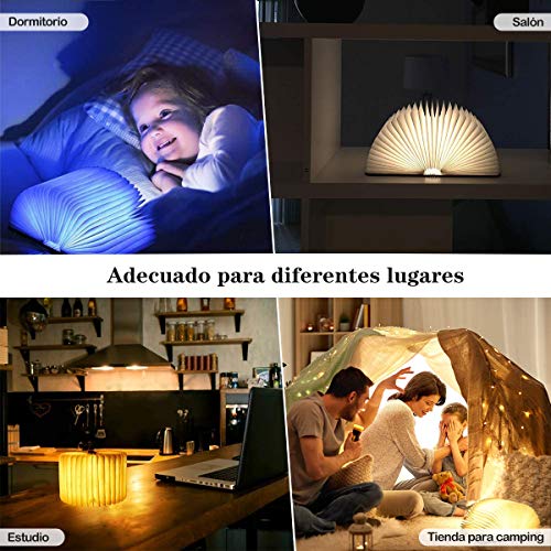 Lámpara de Libro Recargable con Mando Lámpara Libro Portatil de Madera con Luces RGB LED 1200mAh con USB Luces de Noche Decorativa Lámpara Libro Plegable para Cumpleaños Navidad, 12 Colores