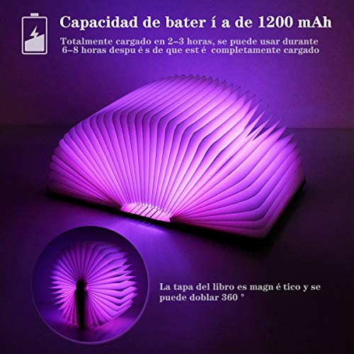 Lámpara de Libro Recargable con Mando Lámpara Libro Portatil de Madera con Luces RGB LED 1200mAh con USB Luces de Noche Decorativa Lámpara Libro Plegable para Cumpleaños Navidad, 12 Colores