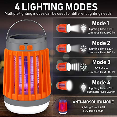 Lámpara Mata Mosquitos Electrico,Lámpara Anti Mosquitos, 2 EN 1Lámpara Solar UV para Camping,IP67 Impermeable Portátil Mosquito Asesino Carpa Lámpara USB Recargable para Interior y Exterior(Naranjado)