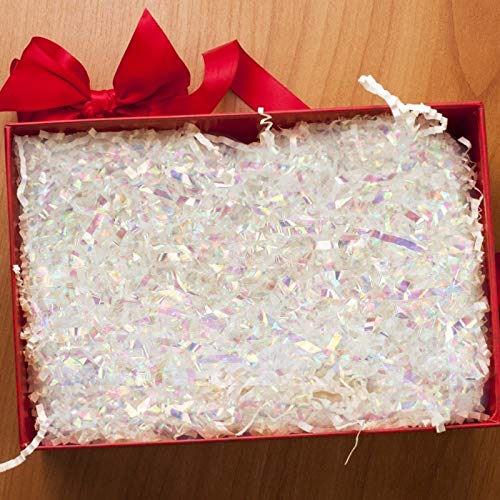 LANMOK 200g Papel de Rafia Hierba de Pascua Papel Triturado para Llenado de Cesta de Navidad Cestas de Huevos de Pascua o Embalaje de Regalo(100g blanco y 100g láser)