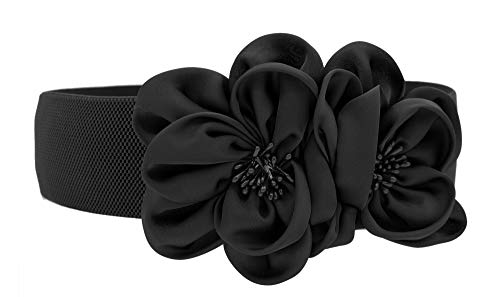 Las mujeres de las muchachas grandes de moda doble decoración flores hebilla ajustable cinturón de cintura ancha elástico (one size, negro)