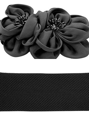 Las mujeres de las muchachas grandes de moda doble decoración flores hebilla ajustable cinturón de cintura ancha elástico (one size, negro)