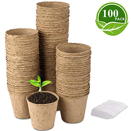 LATERN 100Pcs 8cm Macetas de Semillas de Fibra Biodegradable para Plántulas y Trasplantes con 100pcs Etiquetas de Plantas de Plástico (Blanco 5x1cm)