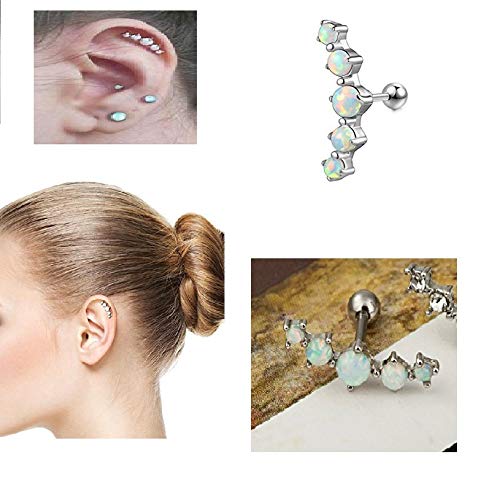 LAURITAMI 5pcs Pendientes Piercing Cartílago Helix Tragus Perno Studs Aros Barbell Espiral 6mm Acero Quirúrgico 16G CZ Opalo Oreja Joyas