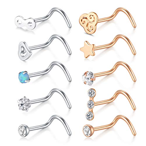 LAURITAMI Pendientes Piercing Nariz de Acero Quirúrgico Perno Curvos 20G 7 mm Tornillo Espiral L Forma Opal CZ Estilos Joyas