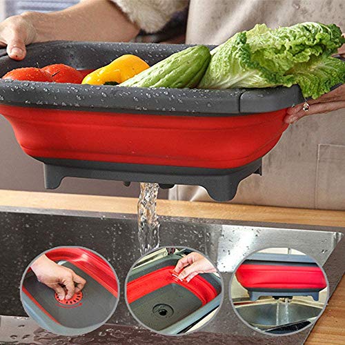 Lavabo plegable, tabla de cortar plegable y bañera de plato plegable, cesta de almacenamiento para fregadero, para frutas, verduras, pícnic/camping (rojo)