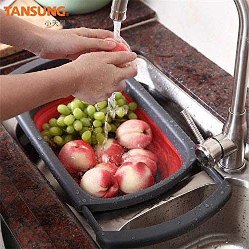 Lavabo plegable, tabla de cortar plegable y bañera de plato plegable, cesta de almacenamiento para fregadero, para frutas, verduras, pícnic/camping (rojo)