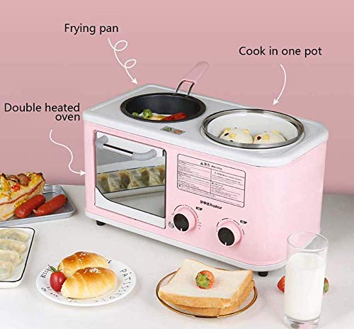 L.BAN Máquina de Desayuno eléctrica 3 en 1 para el hogar Mini tostadora de Pan Horno para Hornear Tortilla Sartén Olla de Cocina Vaporizador de Alimentos, Rosa