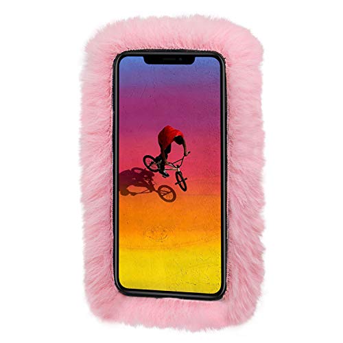 LCHDA Conejo Piel Felpa Funda para iPhone 7, Conejito Peludo Mullido Teléfono Funda para Niñas Linda Invierno ESlentar Suave TPU Atrás Funda con Lujoso Diamantes Bowknot para iPhone 8-Rosa