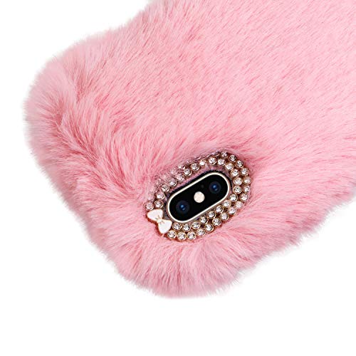 LCHDA Conejo Piel Felpa Funda para iPhone 7, Conejito Peludo Mullido Teléfono Funda para Niñas Linda Invierno ESlentar Suave TPU Atrás Funda con Lujoso Diamantes Bowknot para iPhone 8-Rosa