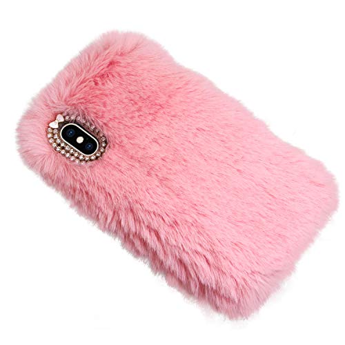 LCHDA Conejo Piel Felpa Funda para iPhone 7, Conejito Peludo Mullido Teléfono Funda para Niñas Linda Invierno ESlentar Suave TPU Atrás Funda con Lujoso Diamantes Bowknot para iPhone 8-Rosa