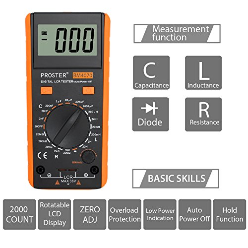 LCR Medidor De Capacitancia Inductancia Resistencia Continuidad Diodos Tester Digital Multimetro Autodescarga con Gran Pantalla LCD Giratorio Cables Prueba Pinzas Cocodrillo y Destornillador