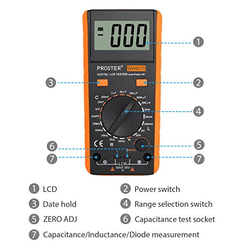 LCR Medidor De Capacitancia Inductancia Resistencia Continuidad Diodos Tester Digital Multimetro Autodescarga con Gran Pantalla LCD Giratorio Cables Prueba Pinzas Cocodrillo y Destornillador