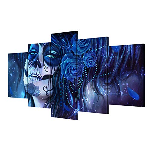 lcyfg Cuadros Decoracion Dia de los Muertos HD Impreso 5 Piezas Lienzo Arte Pinturas Cuadros Modular Cartel Decoración para El Hogar Marco