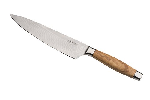 Le Creuset Cuchillo del chef, 20 cm, Hoja de acero damasco 18 y 8 con borde recto, Mango de madera de olivo, Inoxidable, Madera y Inox