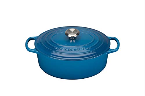 LE CREUSET Evolution Cocotte con Tapa, Ovalada, Todas Las Fuentes de Calor Incl. inducción, 6,3 l, Hierro Fundido, Azul Marseille, 31 cm