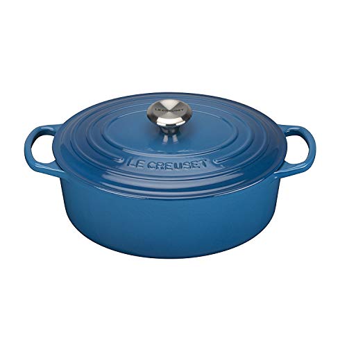 LE CREUSET Evolution Cocotte con Tapa, Ovalada, Todas Las Fuentes de Calor Incl. inducción, 6,3 l, Hierro Fundido, Azul Marseille, 31 cm