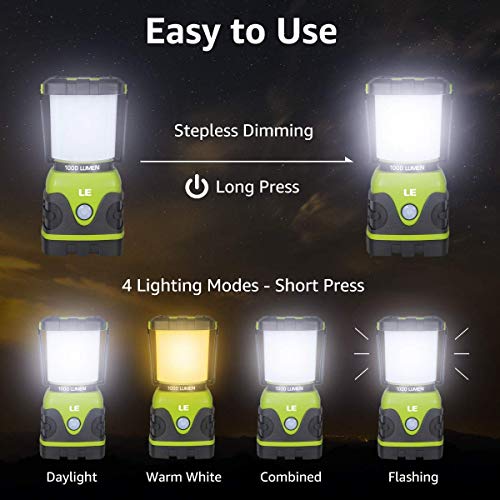 LE Linterna de Camping, Farol de Camping Regulable 1000 Lumen, 4 Modos Luz de Emergencia, Luces de Tienda Resistentes al Agua para Camping, Senderismo, Pesca, Cortes de Energía, 3 * D con pilas