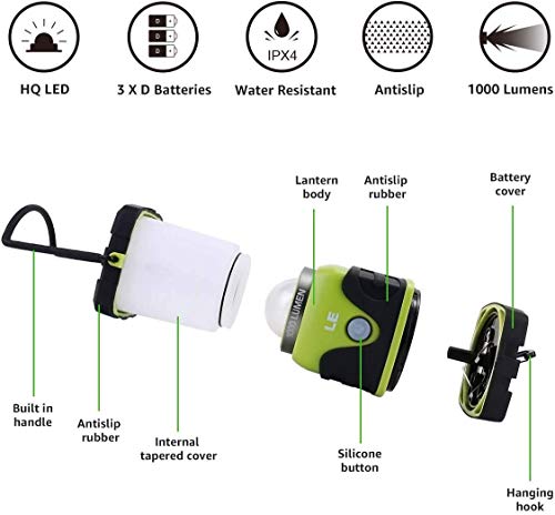 LE Linterna de Camping, Farol de Camping Regulable 1000 Lumen, 4 Modos Luz de Emergencia, Luces de Tienda Resistentes al Agua para Camping, Senderismo, Pesca, Cortes de Energía, 3 * D con pilas