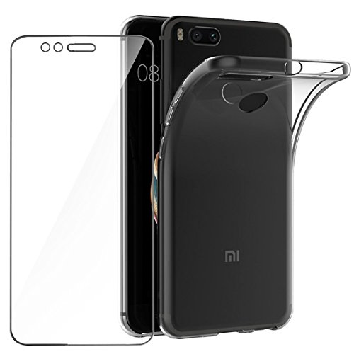 Leathlux Funda + Cristal para Xiaomi Mi A1, Transparente TPU Silicona [Funda + Vidrio Templado] Ultra Fino Protector de Pantalla 9H Dureza HD y Flexible Back Case Cover para Xiaomi Mi A1 / Mi 5X 5.5