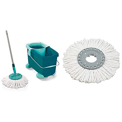 Leifheit Set de fregona Rotatoria Clean Twist Disc Mop, fregona giratoria y Cubo con Ruedas + 7117-Recambio Cabezal Clean Twist Disc mop, Compuesto, Multicolores, 22.5x26x4 cm