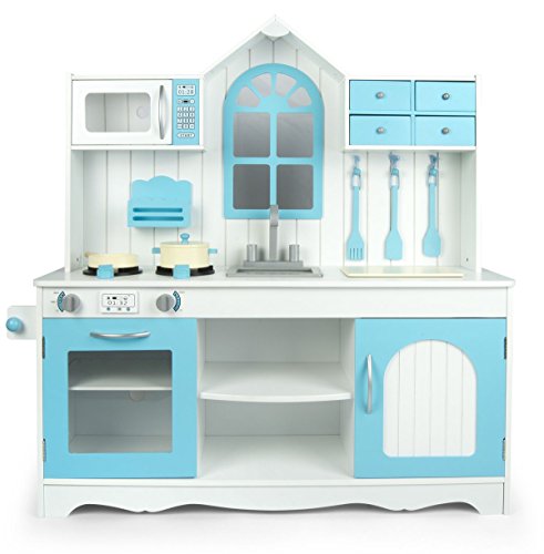 Leomark Cocina Madera Infantil de Juguete con ventana - Exclusive Royal Azul - Accesorios, Para Niños, Juego de Imitación, Dim: 106 x 32 x 109 (altura) cm