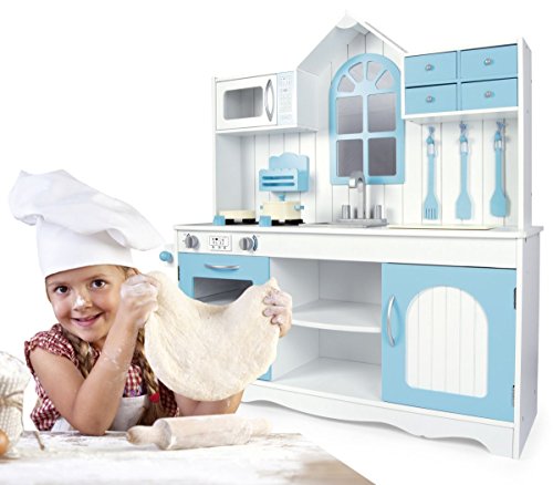 Leomark Cocina Madera Infantil de Juguete con ventana - Exclusive Royal Azul - Accesorios, Para Niños, Juego de Imitación, Dim: 106 x 32 x 109 (altura) cm