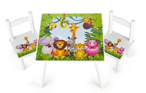 Leomark Conjunto Infantil de Mesa y 2 Sillas Madera, Juego de Blanco Muebles Infantiles para Niños, Estable, Diversión y Aprendizaje, Fácil Montaje, Motivo: Diseño de Animales, Altura: 42 cm