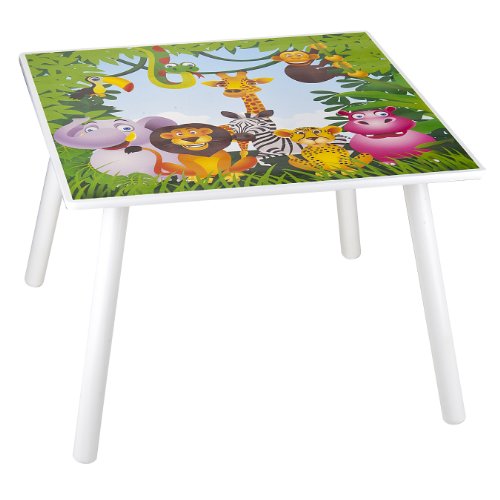 Leomark Conjunto Infantil de Mesa y 2 Sillas Madera, Juego de Blanco Muebles Infantiles para Niños, Estable, Diversión y Aprendizaje, Fácil Montaje, Motivo: Diseño de Animales, Altura: 42 cm