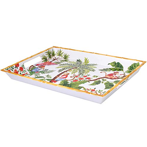 Les Jardins de la Comtesse - Gran Bandeja de Servicio de Melamina Pura - Contorno Bambú - Monos de Bali - 50 cm - Coral Rojo y Verde - Bandeja Grande con Asas - Colección Vajilla Irrompible MelARTmine